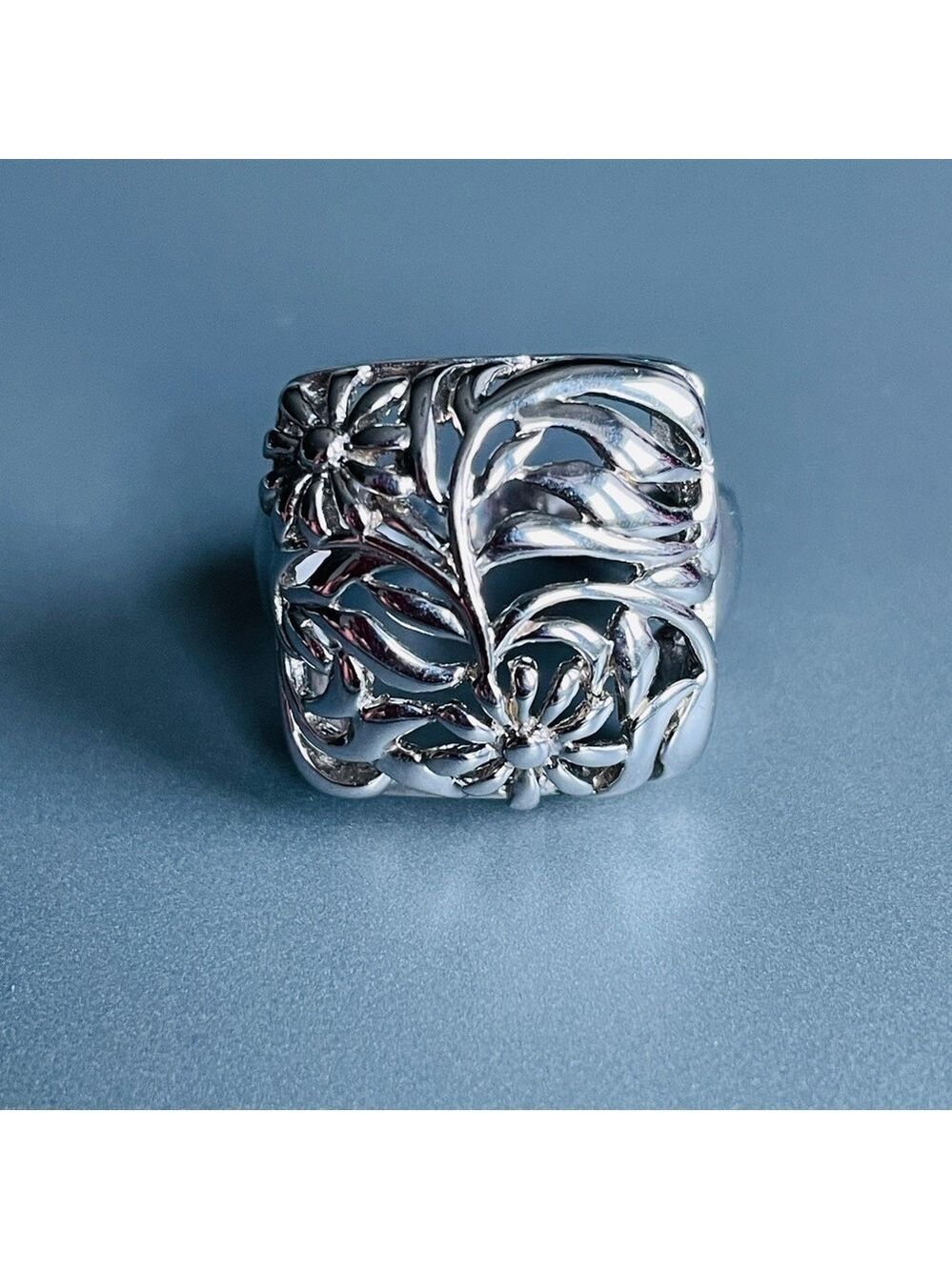 OpenWork Floral Filigree Square Sterling Silver Ring - Picture 1 of 10